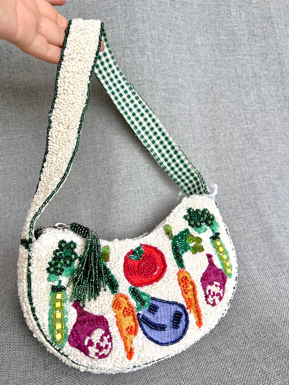 Handmade in India beaded veggie mini hobo bag cream